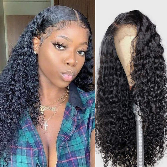 13X4 150% Density Deep Wave Lace Front Wigs Human Hair Pre Plucked Curly Lace Front Wigs Wet and Wavy Virgin  with Baby Hair 18 Inches for Black Women Natural Color