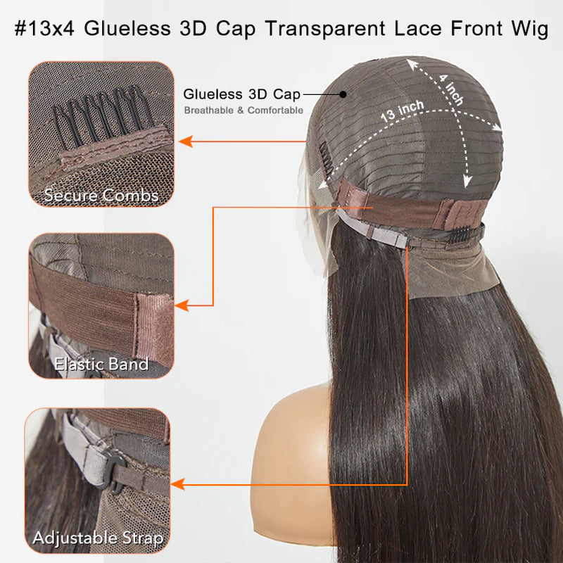 Glueless 3D Cap Pre-Bleached Straight 13X4 Transparent Lace Front Wig 150% Density