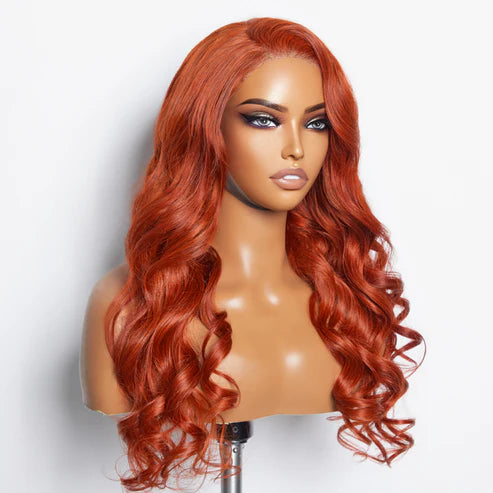 "Stunning 24" Body Wavy Glueless Lace Closure Wig - 100% Human Hair in Vibrant Orange!"